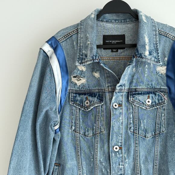 Cult of Individuality Denim Jacket Mens XXL No Saints Without Sinners Distressed - Picture 4 of 11